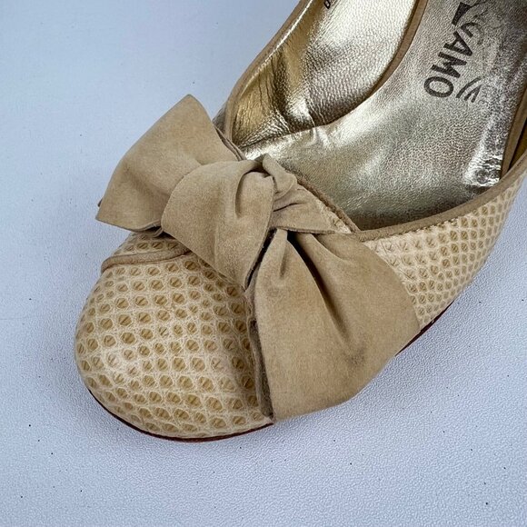Salvatore Ferragamo Womens Tan Snake Embossed Leather Pumps Suede Bow size 9.5 - Picture 9 of 16